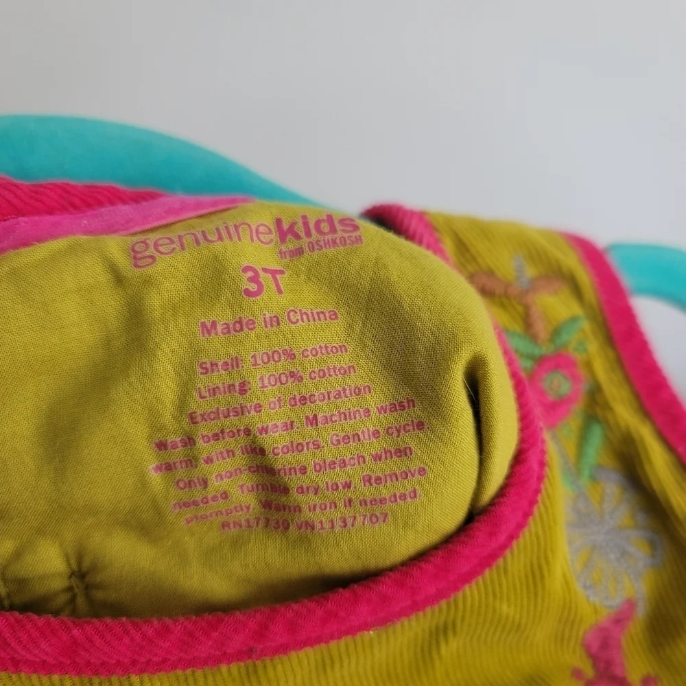 OshKosh‎ 3T Genuine Kids Chartreuse Corduroy Sleeveless A-Line Embroidered Dress